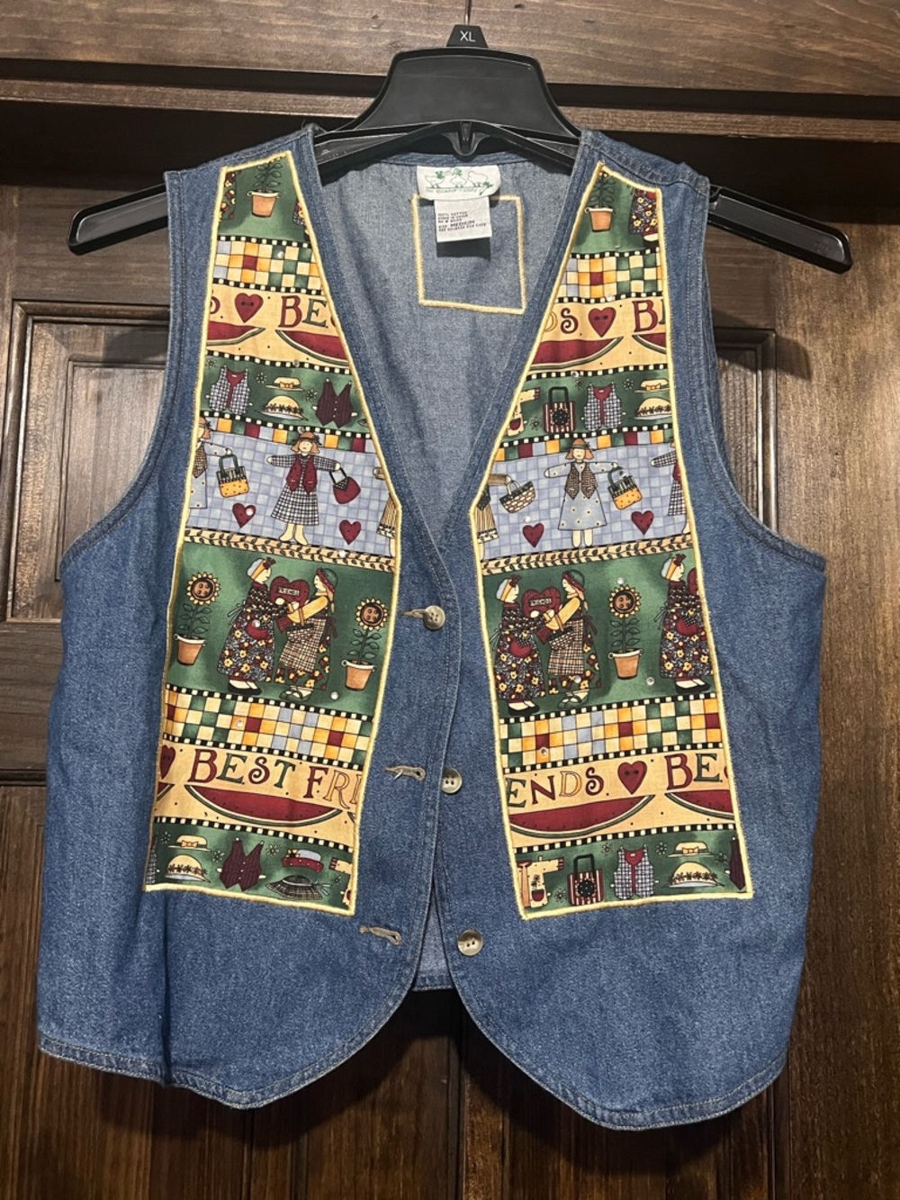 Quacker Factory Denim Vest quilt style patched Patch Best Friends grandma core